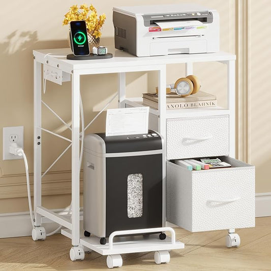 YAOHUOO Printer Stand with Power Outlet/Fabric Drawers, Printer Cabinet with Storage Shelf and Rolling Shredder Stand, Printer Table for Home Office, 22.8"×15" White