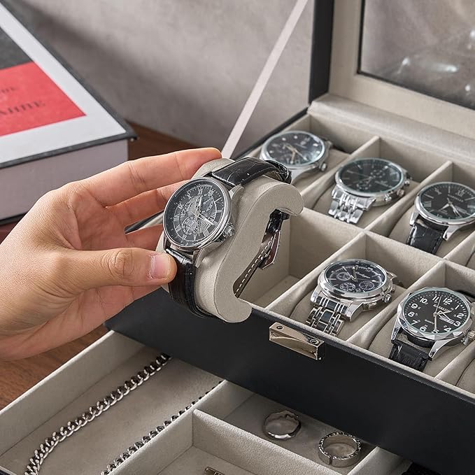 ProCase Watch Box, 10 Slot Watches Display Case with Drawer, Mens Watch Case with Glass Lid, 2-Layer Mens Jewelry Organizer Storage Holder, Birthday Valentine Gifts for Men -10 Slot, Black
