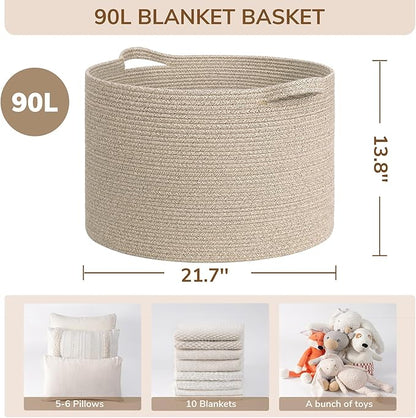 INDRESSME XXXLarge Blanket Basket for Living Room 21.7" x 21.7" x 13.8"-Storage Basket with Handle for Organizing Toy Pillows Woven Wicker Laundry Basket Stuffed Animal Toy Storage for Play Room