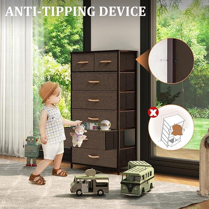 Tall Dressers for Bedroom, 7 Drawers Dresser Fabric Storage Closets Storage Units Organizer Tower Steel Frame Wooden Top for Bedroom, Hallway,Nursery, Entryway(Dark Brown)