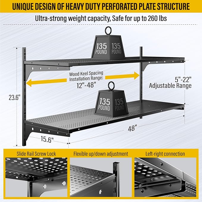 2 Tier 1.3x4ft Garage Shelving Wall Mounted, 15.6x48inch per Shelf Height Cassette Adjustable Floating Shelves(Black)