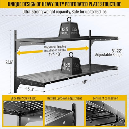 2 Tier 1.3x4ft Garage Shelving Wall Mounted, 15.6x48inch per Shelf Height Cassette Adjustable Floating Shelves(Black)