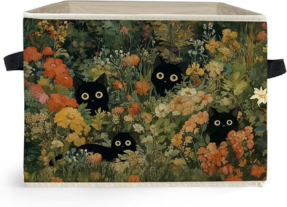 Wildflower Black Cat Gift Storage Box Bins Basket, Cat Lover Gifts, Floral Kitten Collapsible Storage Basket Organizer for Bedroom Laundry Room Home Clothes Toys Books, Toybox for Girls