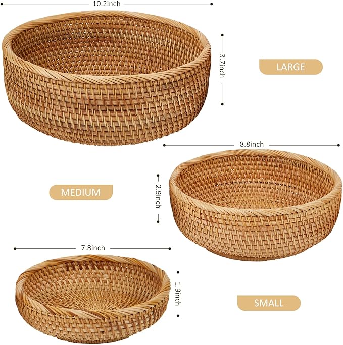 Natural Rattan Round Fruit Basket Bowls, Hand Woven Decor Serving Baskets, Wicker Storage for Dinning Room (Round-Medium)＜8.8''(D) X2.9(H)＞