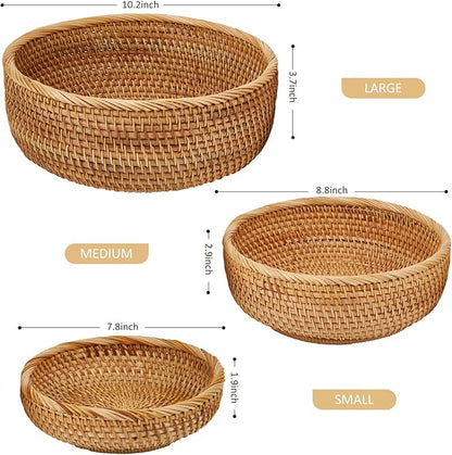 Natural Rattan Round Fruit Basket Bowls, Hand Woven Decor Serving Baskets, Wicker Storage for Dinning Room (Round-Combo)