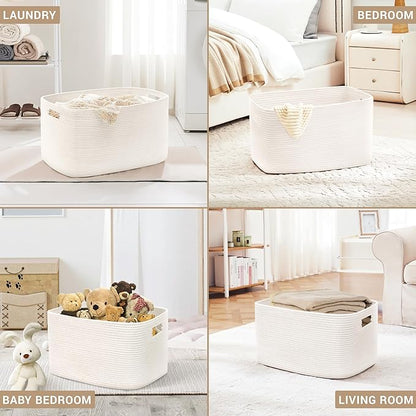 60L Small Baby Girls Laundry Basket for Nursery Storage,Cute Woven cotton Rope Baskets for Kids Toy，Gifts,Boho Square Wicker Blanket hamper for Living Room,Bedroom Dirty Clothes, White