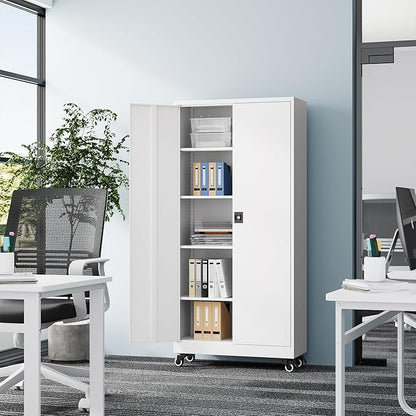 Metal Rolling Storage Cabinet-74.6” Tall Steel File Cabinets with Wheels Lockable Doors and Adjustable Shelves-White Steel Storage Cabinet for Home, School, Office, Garage
