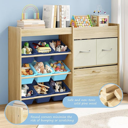 Toy Storage Organizer for Kids, 9-Bin Toy Organizer with 2-Drawers,Movable Toy Chest and Top Rack, Kids Bookshelf and Toy Storage for Playroom, Bedroom, Nursery, Blue
