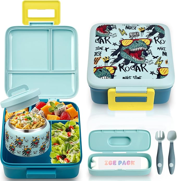 Bento Lunch Box for Kids with 8oz Soup Thermo Leak-Proof Lunch Food Containers with Snack Sauce Container for Kid Girls Boys to School (Screaming Dinosaur)