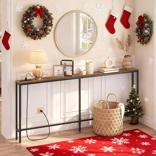 Skinny Console Table with Power Outlets, 70.9" Narrow Sofa Table, Behind Couch Table with Charging Station, Sofa Hallway Table for Plants, Living Room CTHR185E01