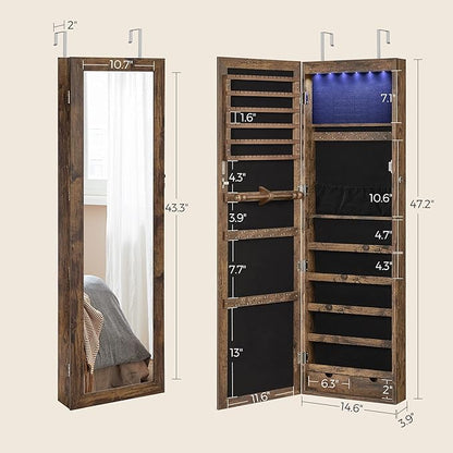 SONGMICS 6 LEDs Mirror Jewelry Cabinet, 47.2-Inch Tall Lockable Wall or Door Mounted Jewelry Armoire Organizer with Mirror, 2 Drawers, 3.9 x 14.6 x 47.2 Inches, Rustic Brown UJJC93CB