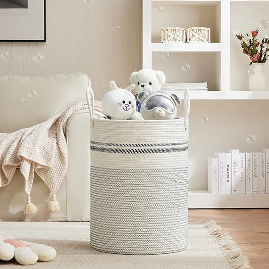 VIPOSCO Large Laundry Hamper, Tall Woven Rope Storage Basket for Blanket, Toys, Dirty Clothes in Living Room, Bathroom, Bedroom - 100L Stripe White