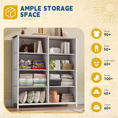 DWVO Fabric Dresser for Bedroom, Tall Dresser with 8 Drawers, Storage Tower with Fabric Bins, Chest of Drawers for Closet & Living Room - Sturdy Steel Frame, Wooden Top