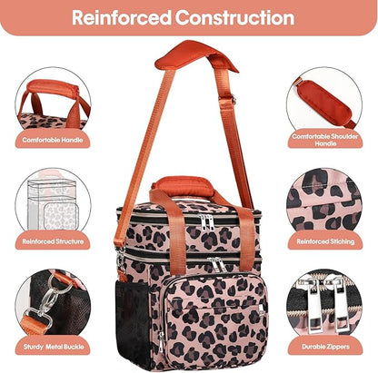 GLENKEY Expandable Insulated Lunch Box, Double Deck Lightweight Large Lunch Bag Tote Leakproof Cooler Bags for Women Adults Work Outdoor Picnic Daytrip, Leopard, 16L