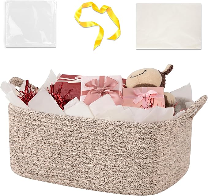 Basket for Gifts Empty, Woven Storage Basket with Gift Bag, Ribbon and Wrap Tissue Paper, Small Rope Toy Storage with Handles for Baby Shower, Dog Toy Organizer, 13.6" x 10" x 5.9”