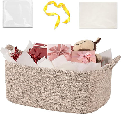 Basket for Gifts Empty, Woven Storage Basket with Gift Bag, Ribbon and Wrap Tissue Paper, Small Rope Toy Storage with Handles for Baby Shower, Dog Toy Organizer, 13.6" x 10" x 5.9”