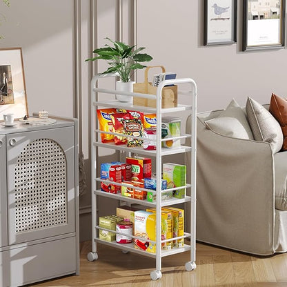 Slim Storage Cart, 4-Tier Small Rolling Cart with Wheels, 9.1" Deep, Narrow Bathroom Shelf Trolley for Kitchen, Bathroom, Laundry Room, White Large 4-Tier (9.1" W x 33.6" H)