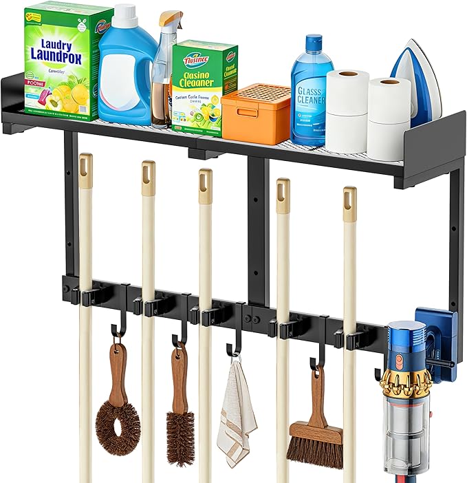 Broom Holder Wall Mount, 27" Large Mop and Broom Organizer Wall Hanging with Top Storage Shelf & Vacuum Hook, Heavy Duty Iron Utility Rack for Laundry Room, Garage, Kitchen, Garden - Black