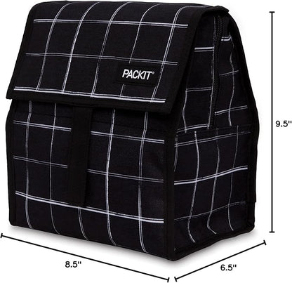 PackIt® Freezable Lunch Bag, Black Grid, Built with EcoFreeze® Technology, Foldable, Reusable, Zip and Velcro Closure with Buckle Handle, Designed for Work Lunch and Fresh Lunch On the Go