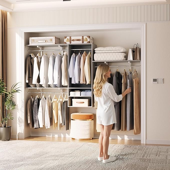 Cyclysio 96 Inch Closet System, 8 FT Hanging Closet Organizer System, Walk in Closet System with 4 Adjustable Rods and 3 Shelving Towers for 4-8FT Spaces(Cut-to-Fit), Gray