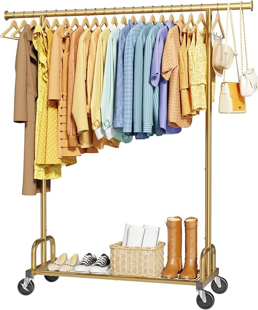 Clothes Rack - Large-Capacity Clothing Racks for Hanging Clothes with Lockable Wheels, Space-Saving Metal Coat Rack for Bedroom, Laundry Room, Entryway, 45.6" x 16.9" x 59", Gold