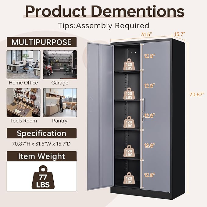 Metal Storage Cabinet with Lock,71" Garage Cabinets with 2 Doors and 4 Adjustable Shelves, Steel Locking Caninets Tall Tool Storage Caninet, Lockable File Cabnet for Home Office, Pantry