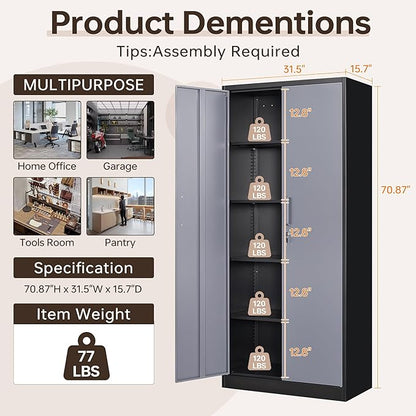 Metal Storage Cabinet with Lock,71" Garage Cabinets with 2 Doors and 4 Adjustable Shelves, Steel Locking Caninets Tall Tool Storage Caninet, Lockable File Cabnet for Home Office, Pantry