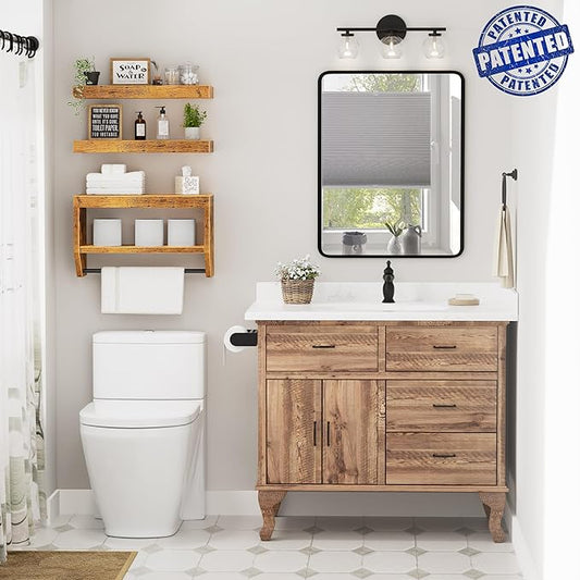 QEEIG Bathroom Floating Shelves for Wall - Shelf Over Toilet Paper Storage Farmhouse 16 inch Set of 3, Rustic Brown (028-40BN3)