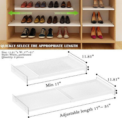 Expandable Closet Tension Shelves Organizers, Adjustable Shelf for Cabinet Rack Storage Wardrobe Divider Shelving for Pantry 2 Pack (Perforated White,W11.81 x L: 17" to 31")