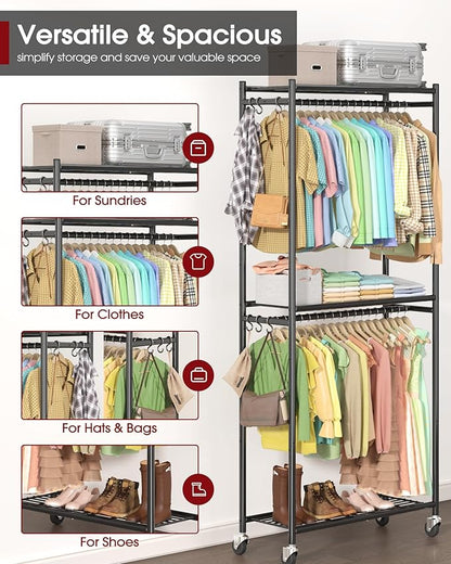 Clothes Rack - 33.0" x 12.2" x 79.5" Clothing Rack with Shelves & Wheels, Multi-Functional Wardrobe Closet with Hooks, Sturdy Metal Garment Rack for Bedroom, Laundry, Balcony (Black)