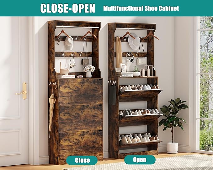 Shoe Cabinet for Entryway with 3 Flip Drawers, Brown Tall Wood Shoe Storage Cabinet with Coat Rack, Narrow Hidden Slim Freestanding Shoe Rack Organizer, 2 in 1 Hall Tree for Living Room, Hallway