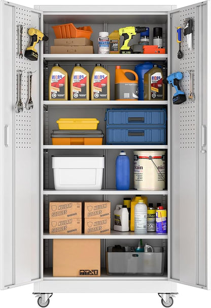 71" H Garage Storage Cabinet with Wheel, Metal Storage Cabinet with Doors,5 Adjustable Shelves and Pegboard for Garage Home Office,Required Assembly,White,71" H×32" W×16" D