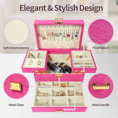 Dajasan Jewelry Organizer Box, Large Jewelry Boxes for Women Girls, Compact 3 Layers Jewelry Storage Case with Drawer, Gift Idea for Christmas, Valentine's Day, Birthday, Mother's Day (Red)