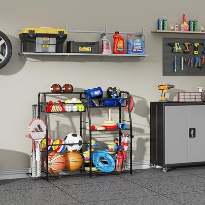 Garage Sports Equipment Organizer with Wheels - Ball Storage Rack with Elastic Rope or Wire Mesh,Garage Organizer System,Indoor/Outdoor Sports Rack for Sports Gear and Toys Storage,Black