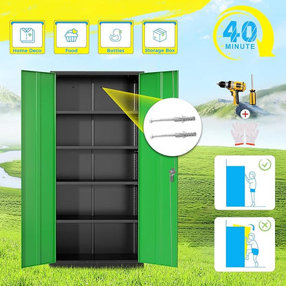 Pataku Metal Storage Cabinet, 72" Garage Cabinet with Doors and Shelves Lockable Steel Multifunctional Cabinets, File Cabinets for Home, Office, Warehouse(Black Green)