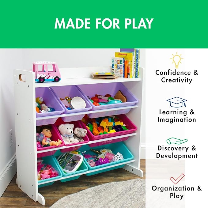 Humble Crew Crafts and Toy Storage Organizer with Top Shelf and 9 Removable Bins, White/Pink/Purple/Aqua Toddler Bookshelf with Organizer - Modern Rack Ideal for Kids' Rooms, Playrooms, and Nurseries