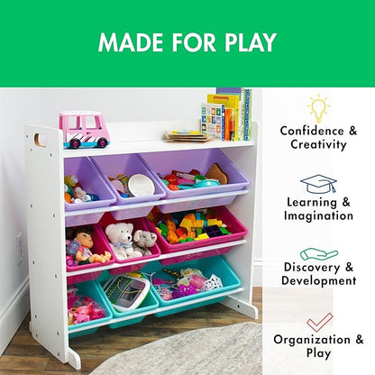 Humble Crew Crafts and Toy Storage Organizer with Top Shelf and 9 Removable Bins, White/Pink/Purple/Aqua Toddler Bookshelf with Organizer - Modern Rack Ideal for Kids' Rooms, Playrooms, and Nurseries