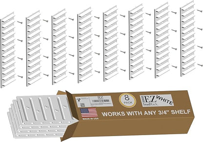 Made in USA EZStudRack Adjustable Shelf Brackets, 8-Pack (4 Pairs) – Easy-to-Adjust One-Row Storage for Custom-Fit Shelves – Your Items, Your Wood, You Supply It