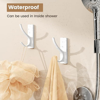 Self Adhesive Towel Hooks: Extra Strong 13LB, Stainless Hook for Hanging Loofah, Towels, Coat, Bath Robe Bathroom Shower, White, 4 Pack