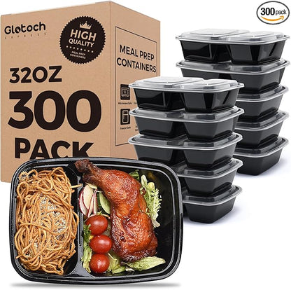 Glotoch Express 300 Pack 32oz Black 2 Compartment Square Meal Prep Containers, Food Storage Containers with Lids for Microwave Dishwasher Freezer Safe