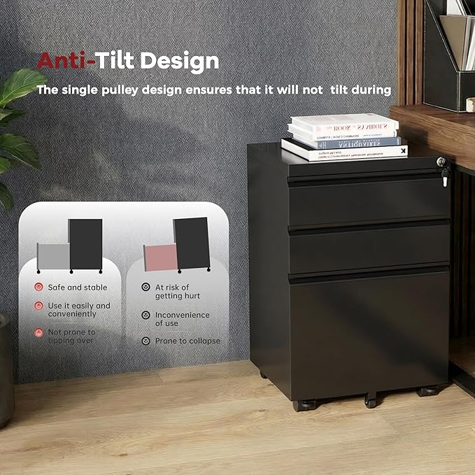 Bonusall Fully Assembled 3-Drawer Metal File Cabinet with Lock - Mobile Under Desk Filing Cabinet for Legal/Letter/A4 Size, Anti-Tilt Mechanism, Pre-Installed Office Storage, Black