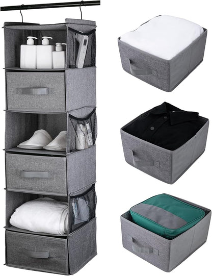 Hanging Closet Organizer, 6-Shelf Closet Organizers and Storage with 3 Removable Drawers, Sturdy Hanging Shelf Organizer for Bedroom, Dark Gray