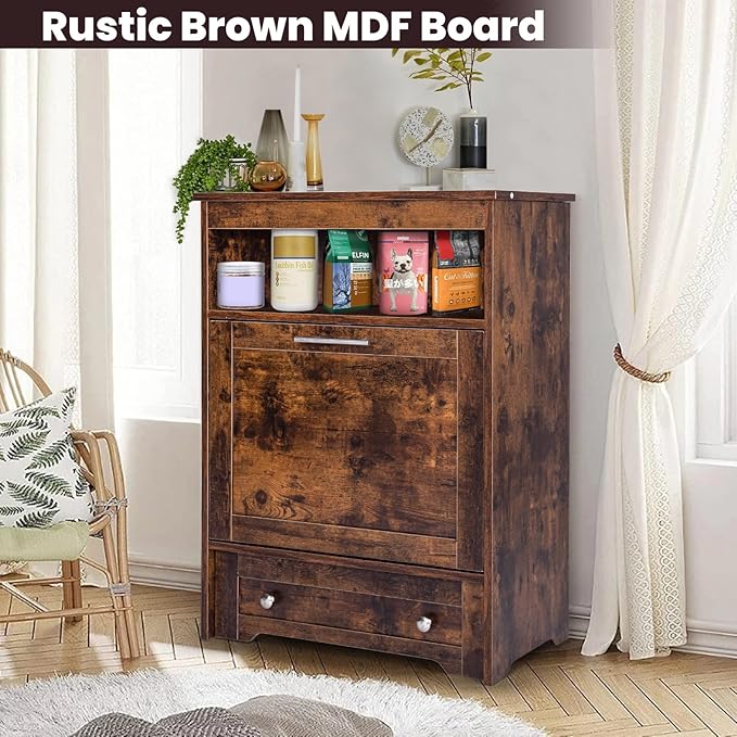 Dog Feeding Station with Storage,Pet Feeding Station Food Storage Cabinet with 2 Elevated Dog Bowls for Water and Feeding Supplies,Dog & Cat Storage Organizer with Drawer,Brown