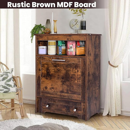 Dog Feeding Station with Storage,Pet Feeding Station Food Storage Cabinet with 2 Elevated Dog Bowls for Water and Feeding Supplies,Dog & Cat Storage Organizer with Drawer,Brown