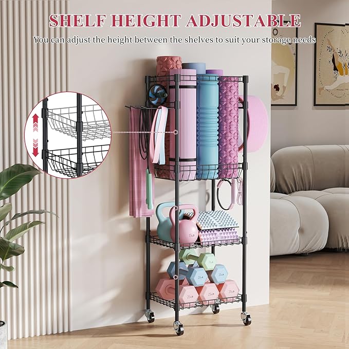 VOPEAK Home Gym Storage Rack with Wheels, Yoga Mat Storage Organizer for Kettlebells, Dumbbells, Resistance Bands, Space Saving 3-Tier Weight Rack for Home Gym, Garage, Easy to Install