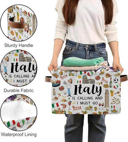 Italy Rectangle Storage Basket - Italy Themed Collection Collapsible Storage Baskets with Handles - Italian Toy Bin - Italian Souvenirs Storages Bin for Kids Clothes, Gifts, Books