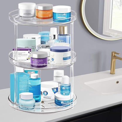 3 Tier Lazy Susan Bathroom Organizer - 9.25 Inch Clear Makeup Organizer with Skincare and Perfume Storage for Countertop