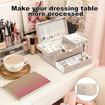 Dajasan Jewelry Organizer Box, Large Jewelry Boxes for Women Girls, Compact 3 Layers Jewelry Storage Case with Drawer, Movable Metal Stand, Modern, Gift Idea (Champagne)