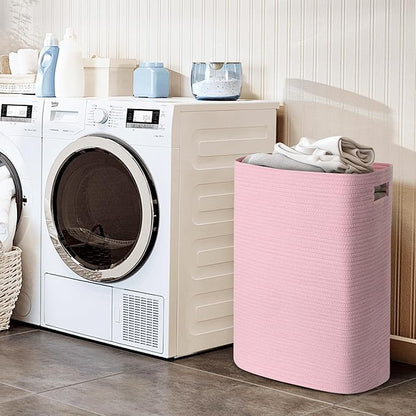 Large Laundry Hamper 16"x13"x22" - Tall Woven Laundry Basket, Cotton Rope Dirty Clothes Hamper, Baby Kids Nursery Wicker Laundry Basket, Bedroom Aesthetic, Soft Laundry Bin, Pink Hamper, 75L