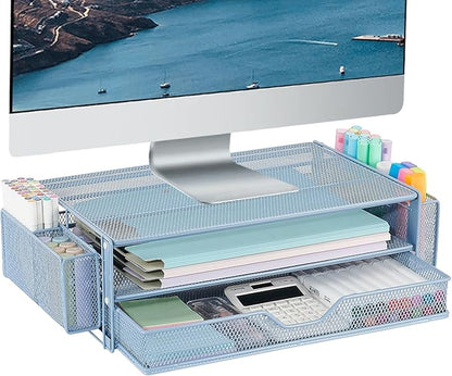 AUPSEN Computer Monitor Stands Riser，2-Tier Desk Organizers and Accessories, Office Desk Accessories Organizer with Drawers and 2 Pen Holder for Office Supplies (Blue)